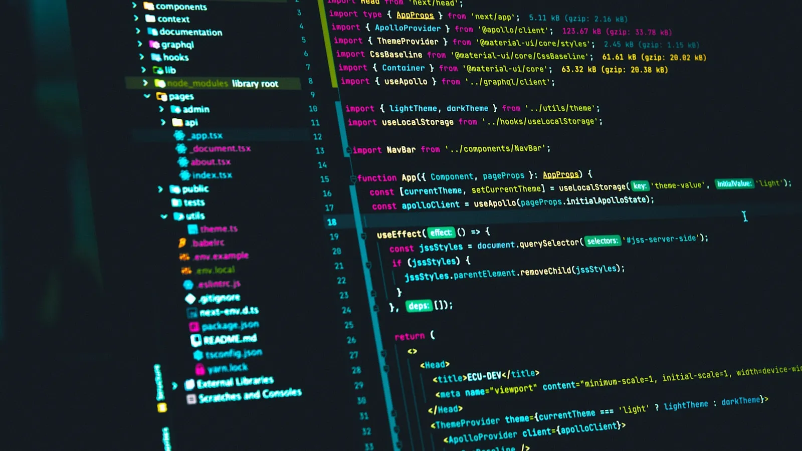 Code editor with source files open on a dark screen