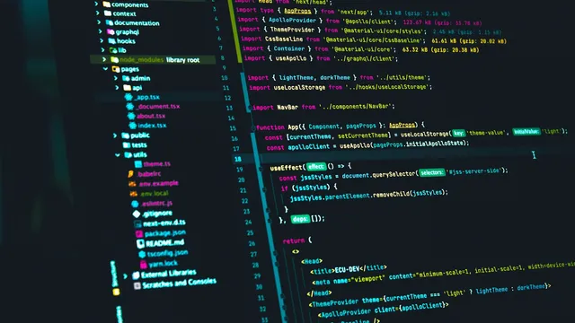 Code editor with source files open on a dark screen