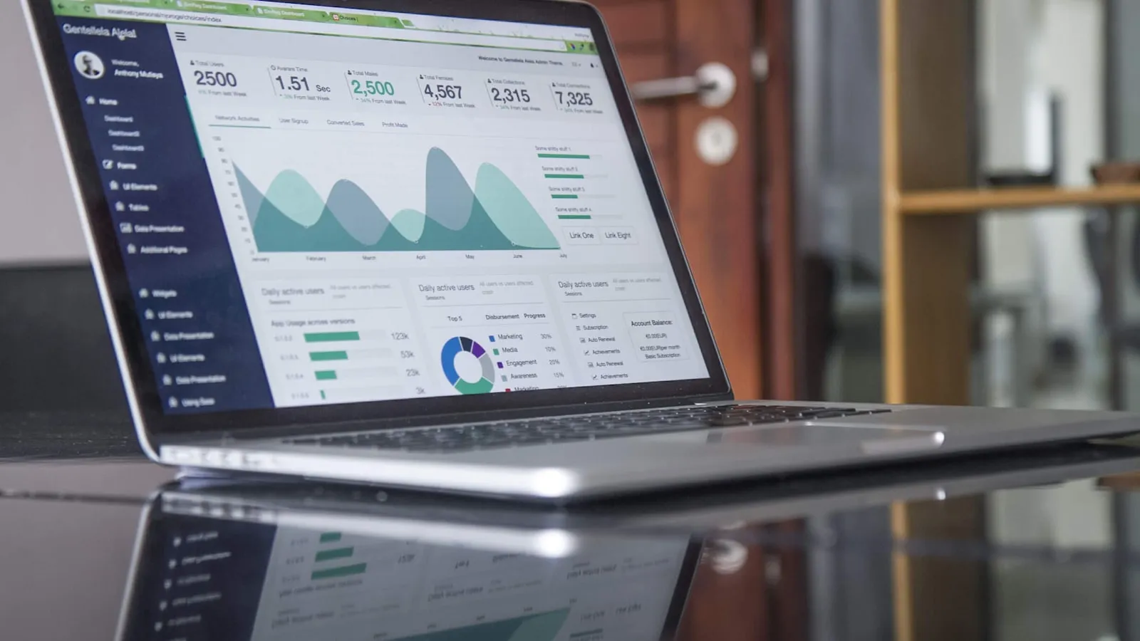 Laptop showing a SaaS analytics dashboard with traffic and conversion charts