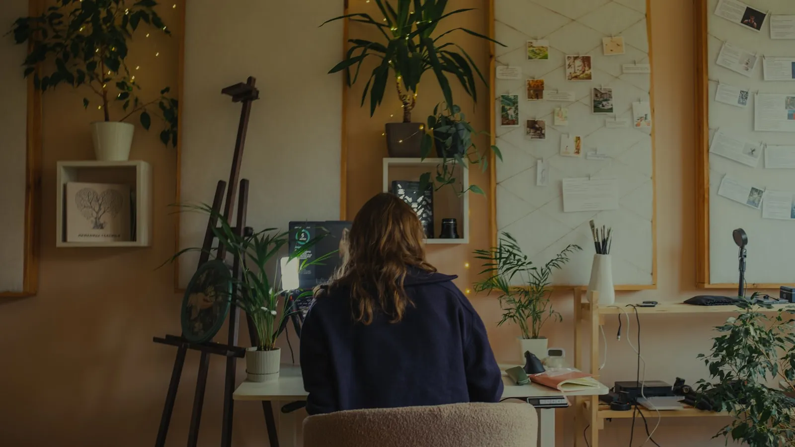 Designer working at a wooden desk in a plant-filled studio